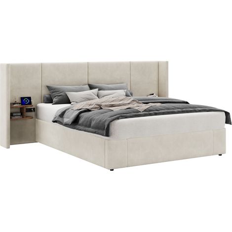 Lit Coffre 2 Places avec 2 Tables de Chevet, USB, USB-C et Prises, 200 x 160 cm, sans Matelas, Beige (1/5)