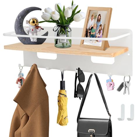 Porte-manteau mural rectangulaire avec 8 crochets à clés, support mural décoratif pour entrée, porte d'entrée, couloir, chambre, blanc 35x10x10CM (1/5)