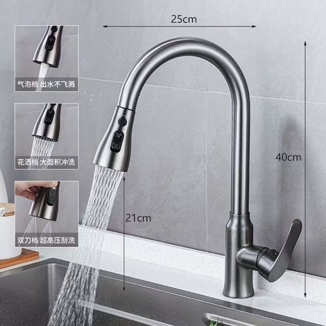 Gunmetal gray all-copper pull-out kitchen faucet, household pressure boosting universal faucet for dishwashing and vegetable washing basins, hot and cold water splash-proof faucet - gunmetal gray inle