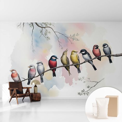 Tapete Vliestapete mit Kleber - abwaschbar - Tapete mit Motiv - trendige Wanddeko - elegant Fototapete Vögel auf einem Ast 416x254 cm (1/5)