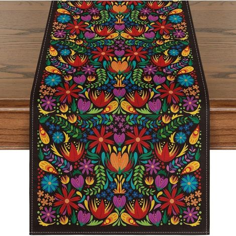 Chemin de table mexicain pour la Fête des Morts, imprimé floral et crânes, décoration d'Halloween pour salon et meuble TV - 30 x 180 cm (polyester) - WSJZQ-11