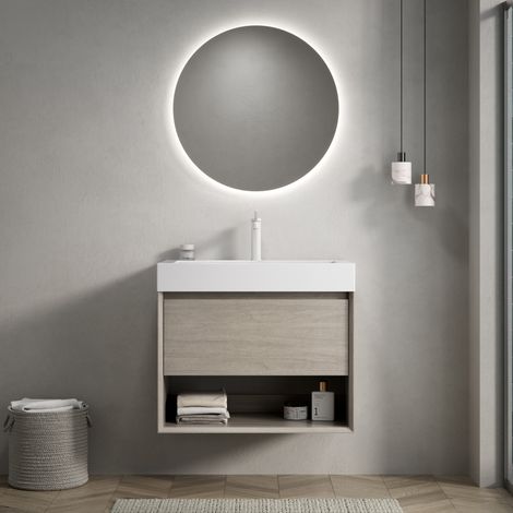Meuble vasque mural 70 cm avec lavabo rectangulaire en résine blanc, 1 tiroir et étagère ouverte (1/5)