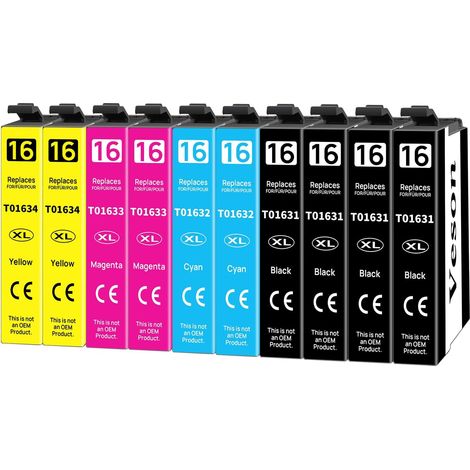 16 XL Cartouches d'encre Compatible pour Epson 16XL avec Epson Workforce WF-2630 WF-2760 WF-2660 WF-2510 WF-2650 WF-2540 WF-2530 WF-2750 WF-2520 WF-2010 (4 Noir, 2 Cyan, 2 Magenta, 2 Jaune) (1/5)