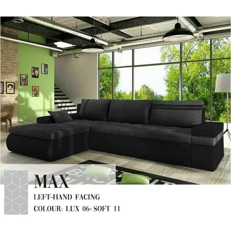 Max Left Hand Facing Corner Sofa Bed - Dark Grey & Black