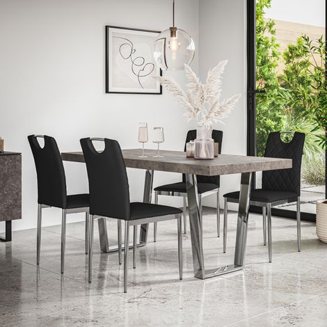 Aria Dining Table And Chairs -  Grey Table Top w Chrome Legs + Monza Faux Leather Dining Chair w Chrome Legs Set Of 4 (Black) (1/5)