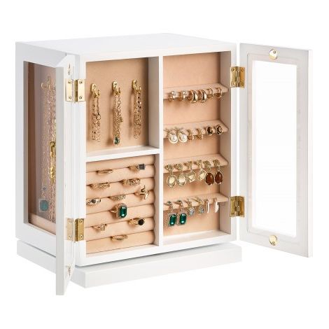 Joyero, Organizador de Joyas Giratorio de 360° con 5 Cajones, Ventana de Acrílico, 4 Ganchos para Collares a Cada Lado, Asas de Metal, Almohadilla Inferior y Forro de Terciopelo Suave, Blanco (1/5)