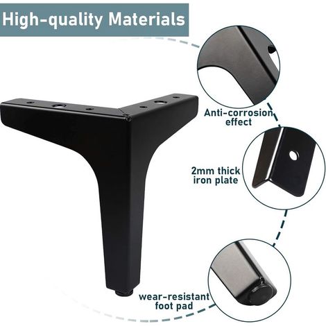 Lot de 4 Pieds de Meubles Charge Jusqu'à 600 KG,Pied de Table Modernes en Métal en Forme de Triangle,Pied Meuble épingle pour Placard,Canapé,avec 4 Protège Pieds,Noir GROOFOO（15cm）
