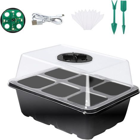 (1 pièce noire) Le plateau de semis avec trous de ventilation comprend un plateau de semis en plastique léger, une lumière LED, des outils de plantation et des trous de ventilation. (1/4)