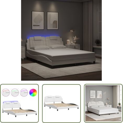 The Living Store Cadre de lit avec LED sans matelas blanc 160x200 cm - Lit Plateforme - Lit Design - Lit Avec Rangement - Tête De Lit Capitonnée - Luminaire Intégré (1/5)