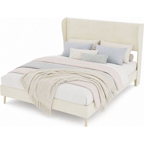 Lit 160x200 cm en tissu beige, tête de lit rembourrée, design moderne, structure métal, sommier bas sans rangement, matelas non inclus - CHICFURN (1/5)