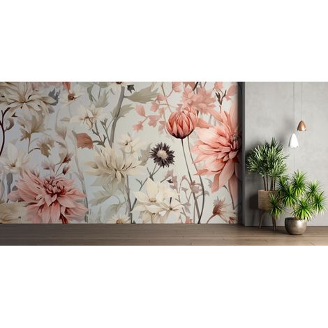 Papier peint fleuri - dahlia pastel rétro - 150 x 250 cm (1/2)