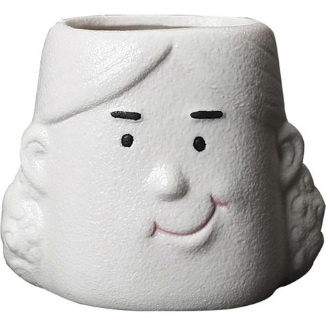 Poterie en céramique pour plantes succulentes, pot de fleurs durable et imperméable - Blanc mat, design fille. (1/4)