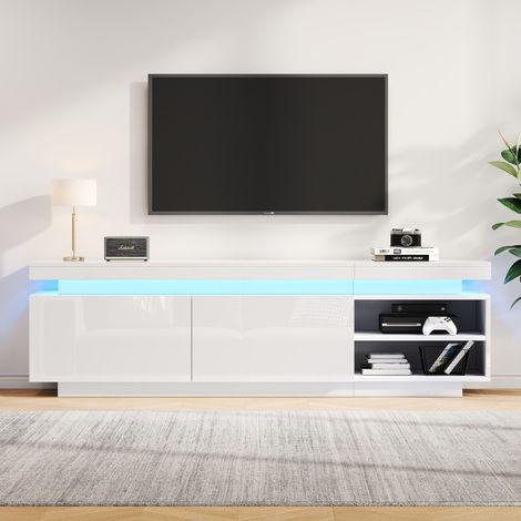 Meuble TV laqué LED - 170x35x50cm - Banc TV haute brillance avec 2 portes, 2 niches et passe-câbles - Moderne - Blanc (1/5)