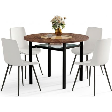 Ensemble salle à manger 7 pièces, table à manger extensible blanche avec rangements et 6 fauteuils rembourrés en tissu bouclé (1/5)