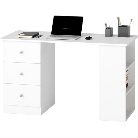 Bureau porte PC avec tiroir et étagères rangement bois blanc 120x49x72cm