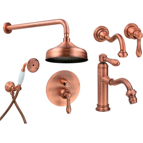Set bagno con miscelatore lavabo a parete, bidet e kit doccia stile retrò colore rame Gattoni Oxford KITOXFORDVC6 (1/5)