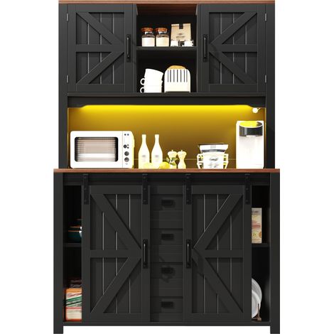Buffet de Cuisine Noir Armoire de Cuisine Haute avec Portes Coulissantes et Éclairage LED 115x40x174.7cm (1/5)