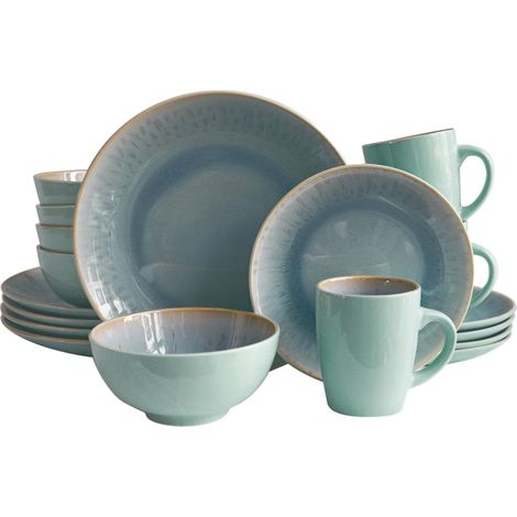Service de table vintage 16 pièces "Ana", design moderne, pour 4 personnes, vaisselle en porcelaine avec 4 assiettes plates, 4 assiettes à dessert, 4 bols, 4 tasses à thé (1/5)