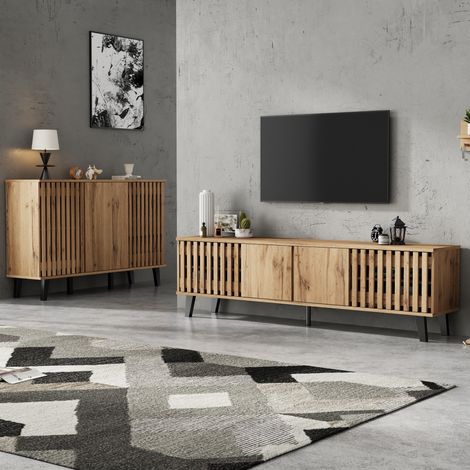 Ensemble TV et buffet en bois naturel, 180 x 40 x 55 cm et 150 x 40 x 95 cm (1/5)