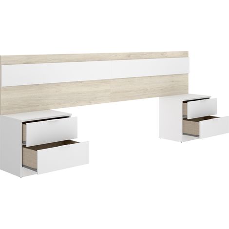 Pegane – Tête de lit avec 2 tables de nuit 2 tiroirs – Bois mélaminé chêne naturel et blanc – Dimensions 248 x 34 x 96 cm (1/3)