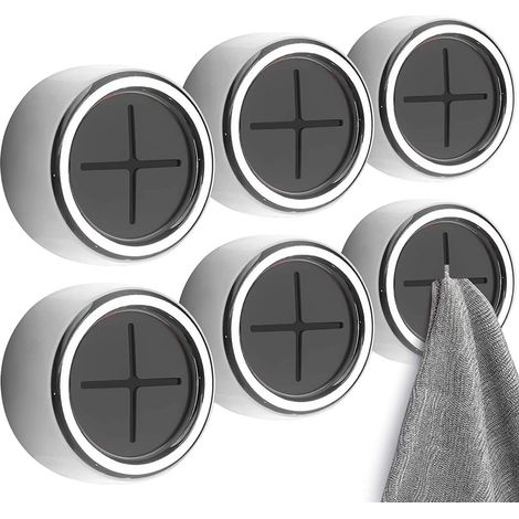 Lot de 6 crochets adhésifs ronds pour porte-torchons, adaptés aux salles de bain, cuisines, appartements, placards muraux, garages, installation sans perçage. (1/5)