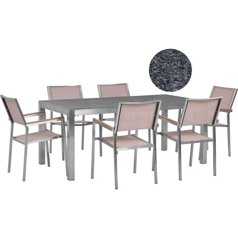 Conjunto de comedor de jardín beige con mesa 180 x 90 cm de granito gris 6 sillas de ratán Grosseto