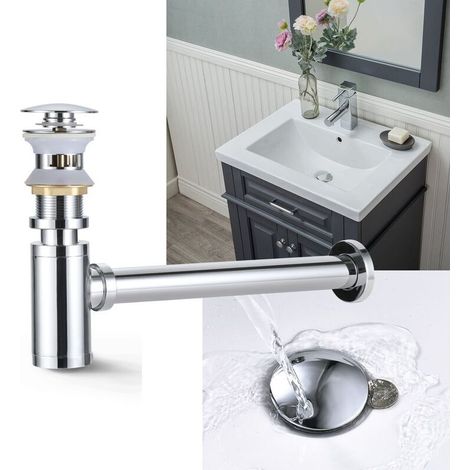 Bonde + Siphon de Lavabo Push et Pop Up avec Trop-Plein Set de Siphon Mural en Laiton Chromé Ensemble de Vidange Universel Accessoire de Salle de Bain - Chrome (1/5)