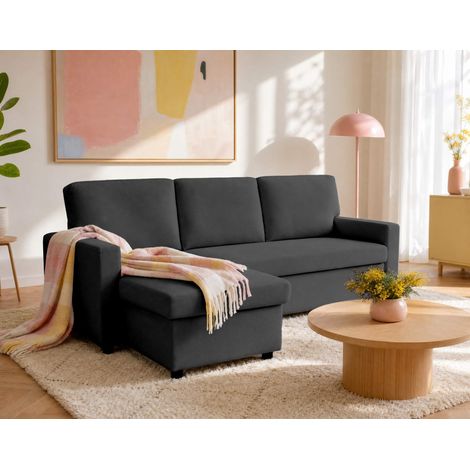 Meiya - 4-sitzer-wendeecksofa schlaffunktion und bettkasten aus stoff - dunkelgrau (1/5)