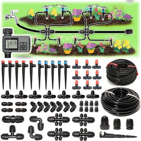 Système d'irrigation goutte à goutte 70 m avec minuterie pour kit d'irrigation automatique - Robinets de verrouillage - Micro goutte à 360 degrés - Kit d'arrosage pour serre 1/2" 1/4" S
