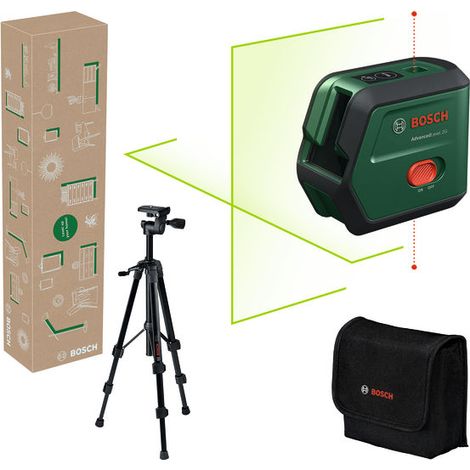 Set laser a linee incrociate Bosch AdvancedLevel 2G, 1 batteria da 2,0 Ah e treppiede TT 120