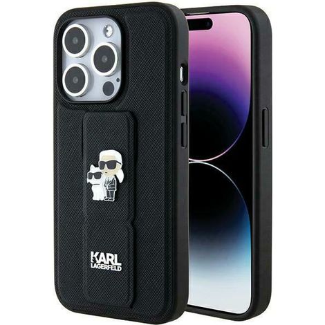 Karl Lagerfeld KLHCP13LGSAKCPK iPhone 13 Pro / 13 6,1" schwarze/schwarze Hartschalen-Schutzhülle mit Standfuß, Saffiano Karl&Choupette Pins (1/5)