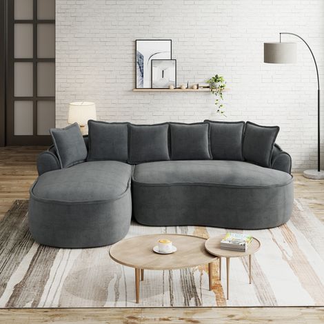 Canapé con chaise longue modular de chenilla gris, convertible y sin montaje (1/5)