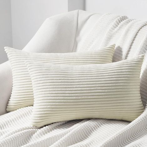Juego de 2 fundas de cojín decorativas de pana suave para salón y dormitorio con cremallera invisible - 30 x 50 cm - Beige (1/5)