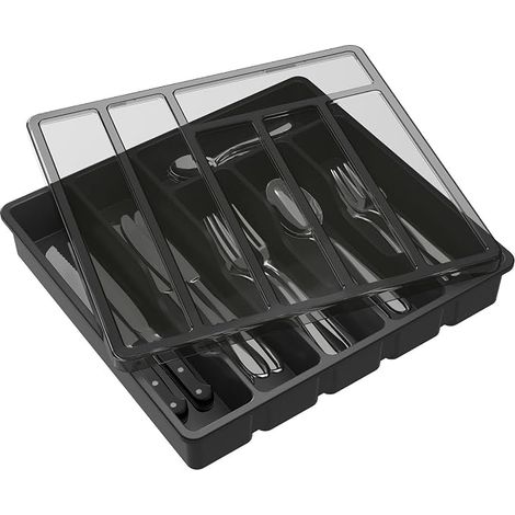 Range Couverts pour Tiroir avec Couvercle, Boîte de Rangement Couverts de Cuisine, Organisateur de Couverts en Plastique, pour Cuillères Fourchettes, Couteaux, 6 Compartiments, Noir (1/5)