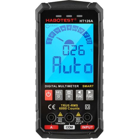 Multimètre numérique intelligent 6000 points True RMS Rétroéclairage LCD Testeur électrique Voltmètre Ampèremètre Mesure de température Multifonction AC DC Tension Courant Capacité (HT126A)