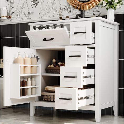 Meuble vasque sur pied moderne 76x46x90 cm, MDF laqué blanc, 1 porte, 5 tiroirs, vasque intégrée en céramique (1/5)