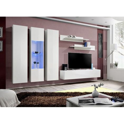 Ensemble meuble TV mural  - Fly V - 310 cm x 190 cm x 40 cm - Blanc - Livraison gratuite