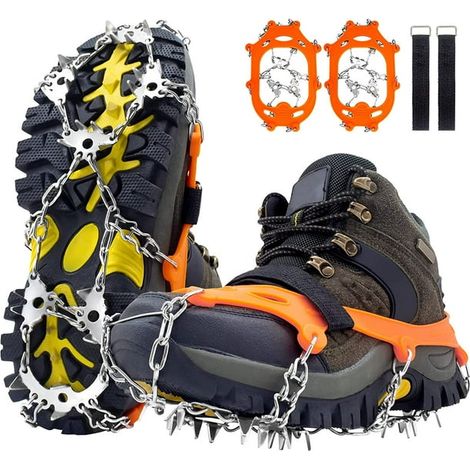 Crampons à glace, 19 pointes en acier inoxydable pour chaussures de randonnée antidérapantes, excellente protection pour hommes et femmes lors d'activités hivernales en extérieur (Noir, XL) (1/4)