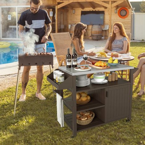 Chariot de Grill Extérieur Table de Préparation Mobile avec Armoire de Rangement Étagères et Plateau en Acier Inoxydable Porte-épices Marron (1/3)