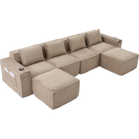 Divano modulare 4 posti in velluto a coste, 2 pouf e portabicchieri, 330 x 162 x 75 cm (1/5)