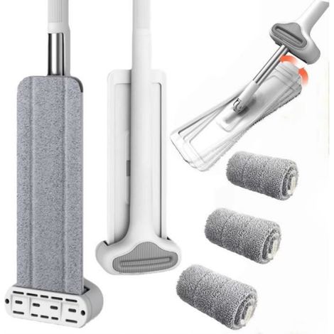 Balai Serpillère Plat avec Essoreur - Tête Pivotante 360° - Pour Sol Dur et Carrelage - 4 Tampons Microfibre (1/4)