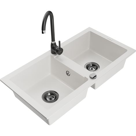 Mexen Mario fregadero de granito de 2 compartimentos con grifo de cocina Telma, blanco - 6504-20-670200-70 (1/5)