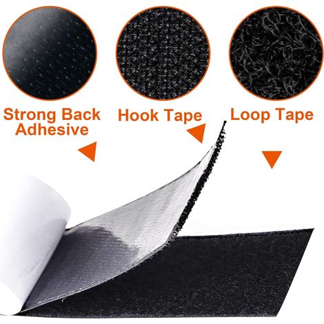 Self-adhesive hook and loop tape roll, adhesive backing, for sewing, crafts, 2.5 cm x 500 cm, black (1/4)