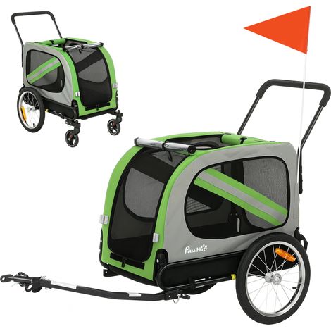 Remorque vélo 2 en 1 pour chien, poussette pliable pour animaux avec ceinture de sécurité et réflecteurs, verte (1/5)