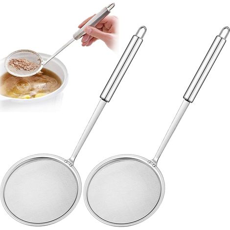 Écumoire - Lot de 2 - Cuillère à frire - Louche à frire - Passoire - Écumoire à égoutter - Cuillère à égoutter - Égoutte les pommes de terre, les légumes et les pâtes - Avec manche - ø 10 cm - Argent (1/5)