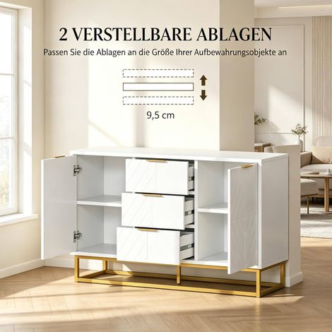 Buffet moderne blanc et doré avec 2 armoires réglables et 3 tiroirs – 120x40x76 cm (1/5)