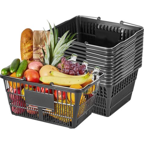 Panier de Courses Plastique 12 PCS Panier à Provisions Empilable Capacité 21 L pour Épicerie Vente au Détail Magasins Supermarchés, avec Poignées Métalliques, Maille Dense, Charge 9 kg, Noir (1/5)