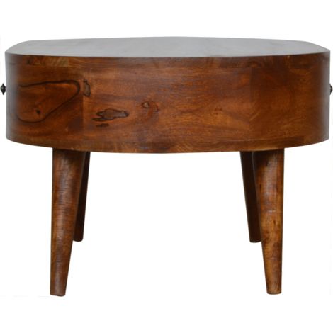 Table basse ronde en châtaignier massif avec 2 tiroirs, style rustique et contemporain, couleur marron foncé (1/4)