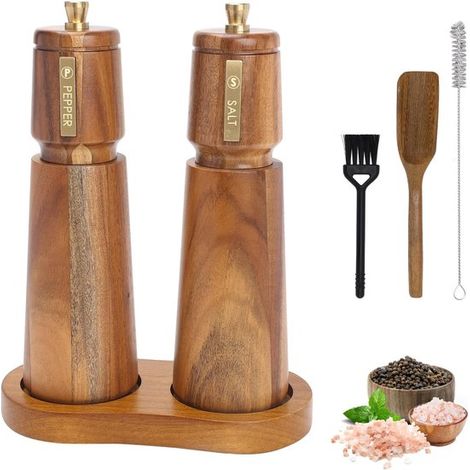 Set macina sale e pepe in legno, 20 cm, con spazzolino e cucchiaino, regolabile manualmente, ricaricabile, con nucleo in ceramica. (1/5)
