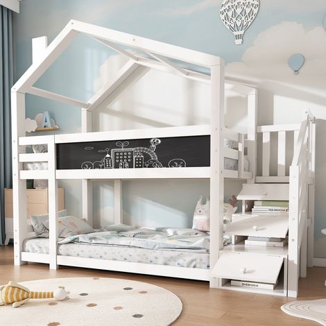 Baumhaus Etagenbett 90x200 cm für 2 Kinder, Kinderbett mit Treppe, Stauraum und Rausfallschutz, inkl. Tafel, Kiefer Massivholz, Weiß (1/5)